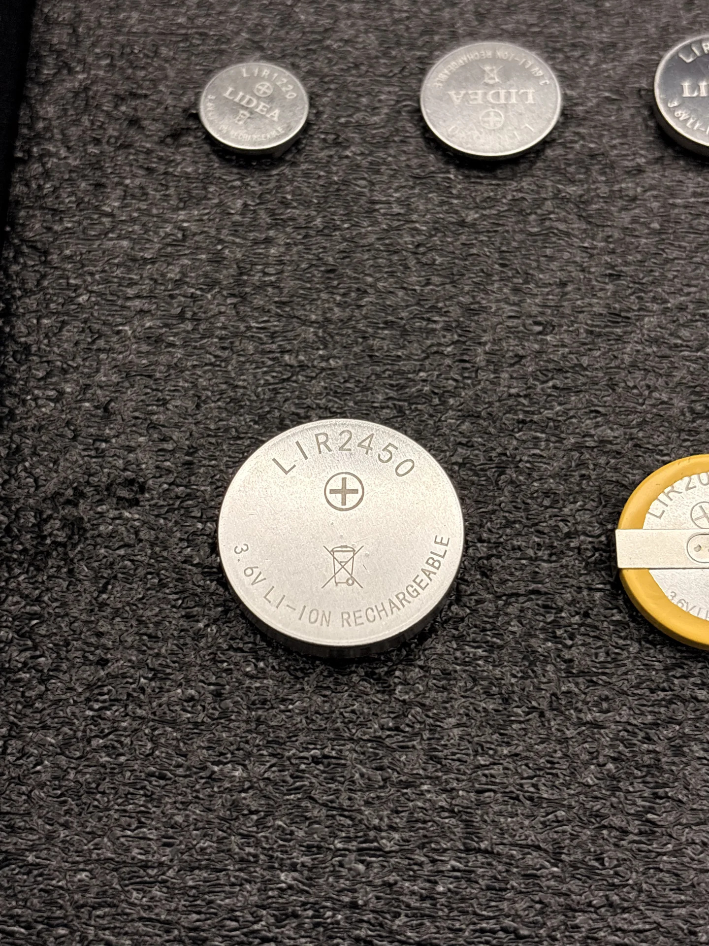Rechargeable coin cells, macro close-up